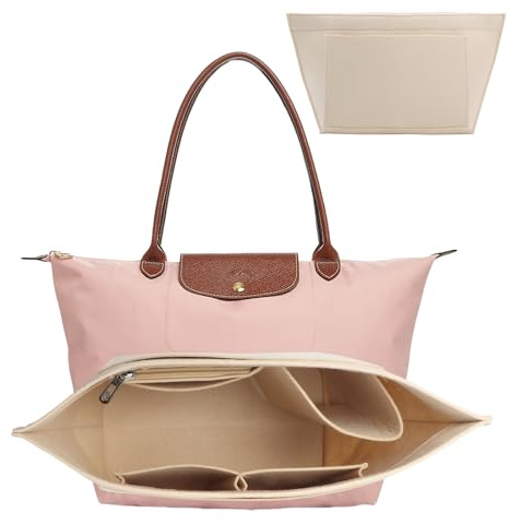 Väskorganisatör för Longchamp M, organiserare för Longchamp-väska, handväskorganisatör, väskorganisatör av filt, flera fickor, hopvikbar insatsorganisatör för tygkasse, plånboksorganisatör, beige, M