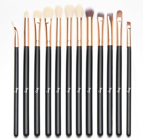 Set di 12 pennelli sintetici per trucco, correttore, sopracciglia, eyeliner, ombretto, colore nero con oro rosa