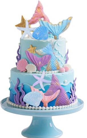 10 PCS Mermaid Cake Topper Set with Tails, Seashells, Sea Stars Under the Sea Mermaid Cake Decorations for Ocean Themed Cake Decor