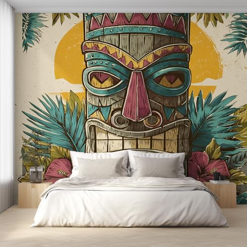 Tropical Tiki Wallpaper for Living Room, Wood Tiki Mask Wall Mural for Bedroom 250x175 cm, Non-Woven Photo Wallpaper, Home Decor D&O47