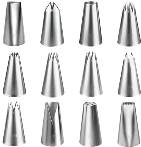 Lot de 12 douilles à pâtisserie professionnelles – Grandes douilles réutilisables en acier inoxydable pour poche à douille, décoration de gâteaux, cupcakes, biscuits et desserts