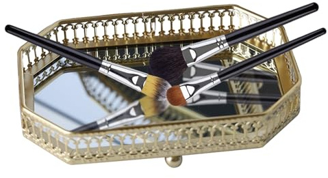 Bandeja Golden Mirror: elegante bandeja de tocador de vidrio con marco de oro, organizador de encimeras de joyería duradera, accesorios de perfumes | Ideal para tocadores de dormitorio