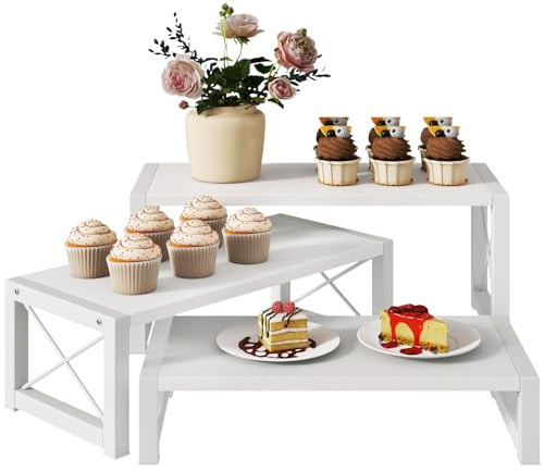 IBUYKE Wood Cupcake Display Stand,Set of 3,White TLJ019W | Large Wood Risers Display Stands Dessert Stand for Party Tiered Serving Stand for Decor Doll,Food Perfume