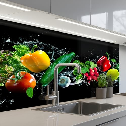 KitchenYeah© Küchenrückwand Selbstklebend Küchenspritzschutz Rückwand | 60x100 cm - Wandschutz Ohne Bohren Spritzschutz Wand Wandverkleidung Gemüse - Spritzer - Schwarz