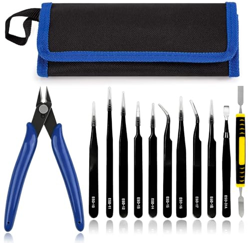 12 Pcs Precision Craft Tweezers Tools Set, Stainless Steel Anti Static Professional Soldering Tweezer, for Model Making Jewelry Crafting Electronics Repair with Micro Wire Cutter