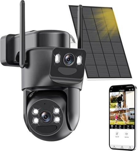 4K Camera Surveillance WiFi Exterieure sans Fil Solaire,Double Objectif Camera,360° PTZ Camera Exterieur sans Fil Batterie Vision Nocturne Couleur,Double PIR&Détection Humaine IA,2.4G WIFI,Étanche