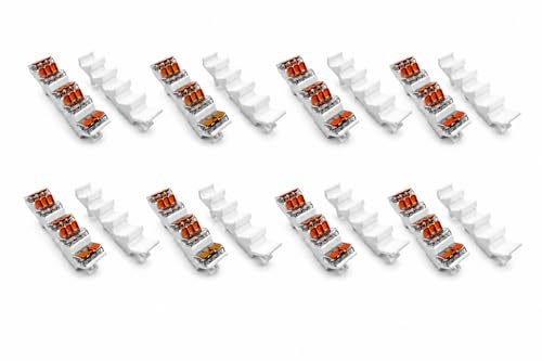 Hutschienenhalter passend für WAGO Hebelklemmen 221-412, 221-413, 221-415 – DIN 35mm Tragschiene, flex 5-fach Aufnahme, 8er Pack, PETG weiß, Made in Germany