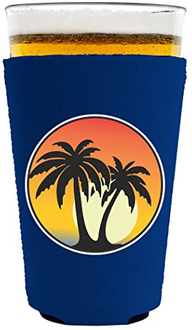 Palm Tree Sunset Pint Glass Coolie, Neoprene Collapsible, Choice of Colors (Royal Blue)