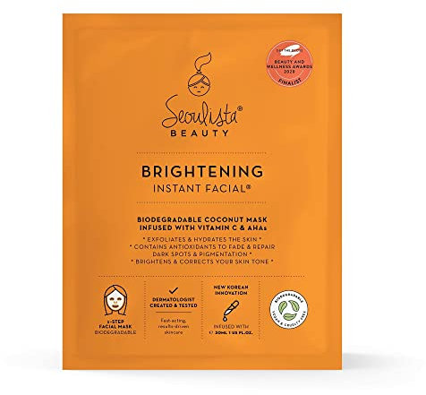 Seoulista Beauty® Brightening Instant Facial™ 30 ml | Maschera viso per pelle secca, macchie scure e pigmentazione | Cura della pelle coreana creata da dermatologi | Infusa con vitamina C e AHA