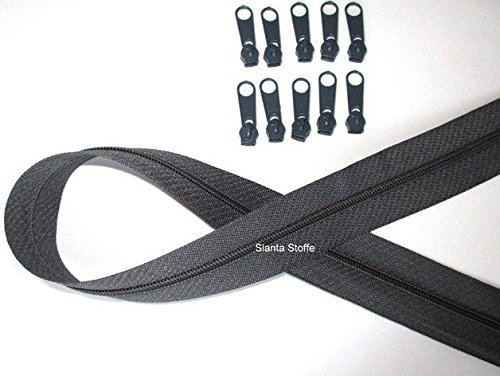 5m Reißverschluss endlos, Spirale 3mm + 15 Schieber/Zipper 32 Farben, Meterware (Grau)