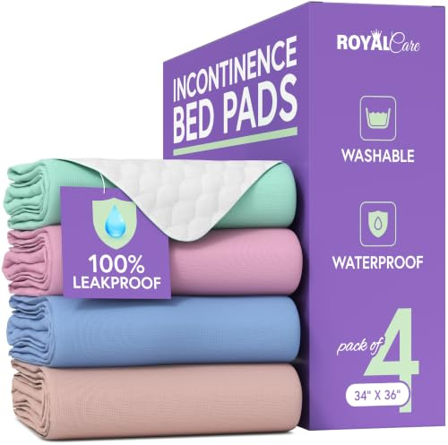 Incontinence Bed Pads - 4 Pack 34 x 36 Reusable Waterproof Mattress Protectors - Highly Absorbent, Machine Washable - for Children, Pets and Seniors - Multi Color - Royal Care