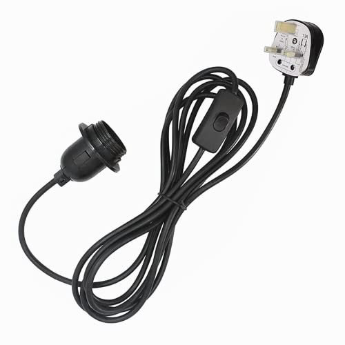 Plug in Pendant Light Cord, UK Plug Hanging Light Fitting Kit, E27 Lamp Holder, 3-Core Extension Thick Cable with Switch Plug Pendant Cable for DIY Lampshade(No Bulb) (Black-1PCS)