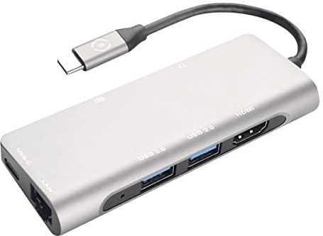 Celly Adaptador USB-C a HDMI, 2X USB 3.0, USB-C, LAN, MicroSD y SD, Hub multipuerto con Acabado de Aluminio para transferir Datos y Cargar Dispositivos