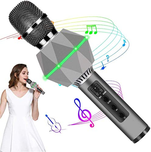 DYHQQ Microphone Bluetooth Karaoke Diamond Shaped with 7 Color LED Lights Singing Mic Wireless Speaker Light Portable Kids for KTV Home Party and Outdoor Compatible,A