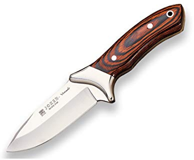 Joker Cuchillo desollador Venado CR06 cachas en Madera roja y Hoja MOVA de 10,5 cm, Largo Total 22,5 cm, con Funda de Cuero, Herramienta de Pesca, Caza, Camping y Senderismo