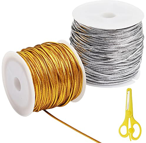 2 Roll DIY Craft String, 50M Craft Making Elastic Cord 1MM Thick Gold Silver Metallic String for Christmas