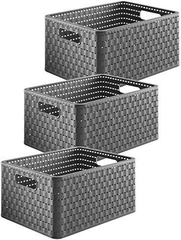 Rotho Country Aufbewahrungsbox mit Deckel 3 x 18 L Rattan-Optik Anthrazit | Aufbewahrungsboxen, Aufbewahrungskorb fürs Bad, stapelbar, Rattan-Optik, robustes PP, DIN-A4-Format, Spielzeugkiste