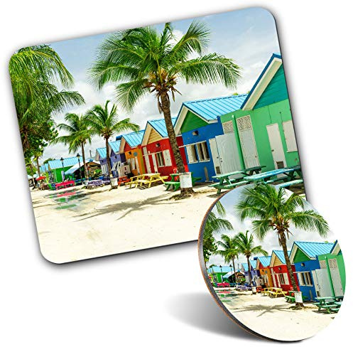 Rectangle Mouse Mat & Round Coaster Set - Colorful Beach Houses Barbados 20 cm & 9 cm for Computer & Laptop, Office, Gift, Non-slip Base #16607