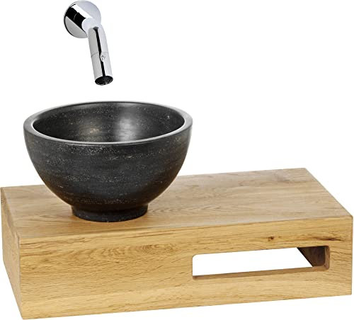 Saqu Nature Collection Waschbecken mit Unterschrank Vormontiert - Ablage mit Waschbecken Links Eiche/Naturstein - Kleines Gäste WC Bad Möbel mit Waschtisch