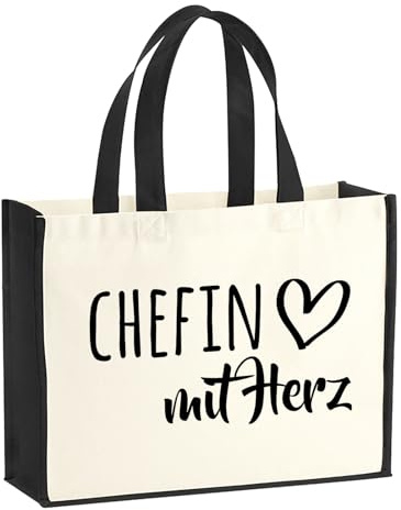 Huuraa Jutetasche Chefin mit Herz Geschenk | Großer Shopper 21 Liter Juteshopper Black Tasche aus Jute und Baumwolle Einkaufstasche Geschenkidee Tragetasche mit Motiv