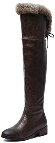 REKALFO Trendy weicher Lederpelzstiefel für Damen Overknee-Stiefel mit klobigem Absatz und Slouchy-Stiefeln Dunkelbraun 46 EU