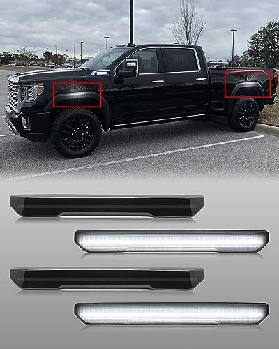 Mynoway 4 PCS Smoked Lens LED Side Marker Lights Replacement for Sierra 2500HD 3500HD 2020 2021 2022 2023 2024 2025, Front & Rear Side Marker Lamp Assembly Kit (Smoked Lens White Light)