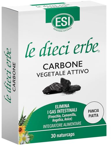 ESI - Le Dieci Erbe Carbone Vegetale Attivo, Integratore Alimentare con Estratti Vegetali, Combatte Gonfiore Addominale e Flatulenza, Effetto Pancia Piatta, Senza Glutine e Vegan, 30 Naturcaps