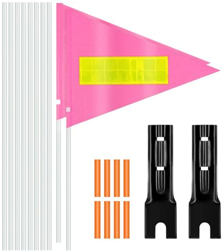 KIQIONE 2 x Fahrrad-Sicherheitsflaggen mit Stange, 1,8 m verstellbare Höhe, Sicherheits-Fahrradflagge mit reflektierenden Streifen, strapazierfähig, reißfest, wasserdicht, Flaggenbanner (Pink)