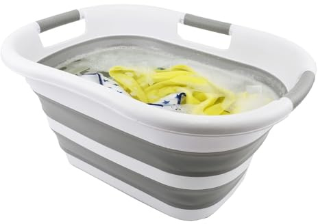 SAMMART 30L zusammenklappbarer Wäschekorb aus Kunststoff – faltbarer Pop-Up-Aufbewahrungsbehälter/Organizer – tragbare Waschwanne – platzsparender Wäschekorb (Weiß/Grau)