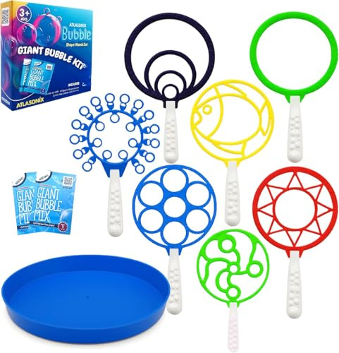Bubble Wands for Kids - Giant Bubble Wand Set with Tray, Outdoor Toy for Kids, 11 Pcs Large Ring Kit with Mix Solution