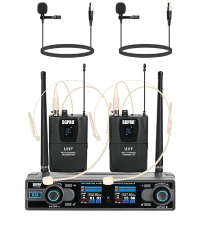 SGPRO Wireless Microphones with Two Bodypack Transmitters, Headset, and Lavalier Lapel Mic - 90 UHF Channels, 262ft Range for Live Singing Karaoke Church Party DJ PA Speaker Mixer