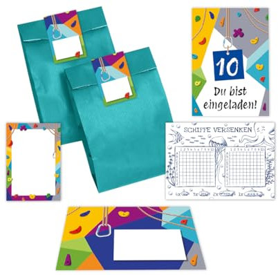 6 Einladungskarten zum 10. Kindergeburtstag Klettern Bouldern Mädchen Jungen Einladungen zehnte Geburtstag incl. 6 Umschläge, 6 Partytüten/petrol, 6 Aufkleber, 6 Mini-Notizblöcke, 6 Schiffe versenken
