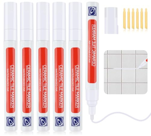 6pcs Rotulador Juntas Azulejos Blanco, 5ml Lápiz para Juntas, Lechada Juntas de Azulejos Tile Grout Pen, Blanqueador Reparador con Punta de Repuesto para Cocina Piso Baño Pared