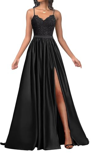 Infuness Damen Satin Ballkleider Lang Spaghetti Straps Lace Appliques Ballkleider mit Schlitz
