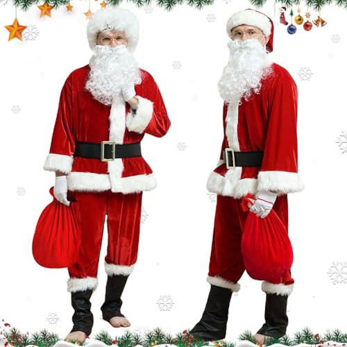 Kouric Costume Babbo Natale Uomo, Vestito da Babbo Natale Deluxe Completo 10 Pezzi，Costumi di Natalizi Professionale Santa Claus di Lusso per Adulti, Babba Natalizio Papa Costumes per Feste, Cosplay