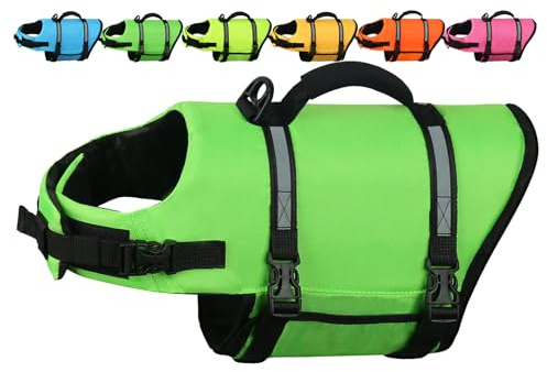 AMZNOVA Hundeschwimmweste Rip Stop Hunde Schwimmweste Rettungswesten | Schwimmweste Hunde-Schwimmweste zum Schwimmen, Auftrieb & Verstellbar for Hund, S, Neongrün