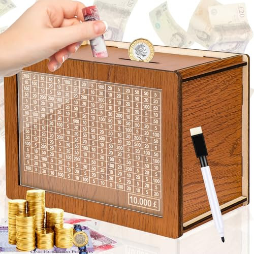 Meetory Money Saving Box, Plus Size 10000 Saving Challenge Box Reusable Kakeibo Money Box with 10k Saving Goal Cash Vault Wooden Savings Box for Adults (10000 Pounds, Brown)