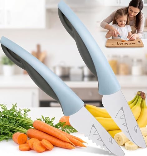 Kindermesser 2-teiliges Küchenmesser-Set Zum Schneiden Haie Blau grau, Edelstahl, Perfekte Geschenke für Weinachten Geburtstag