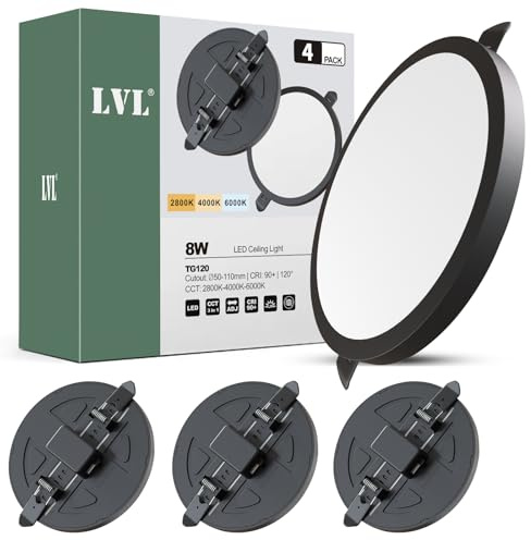 LVL Spot Lights Ceiling Recessed 8W, CCT 2800K 4000K 6000K Ra90, Not Dimmable Round Downlights for Led Ceiling Light Kitchen Living Room (Black, 4 Pack)