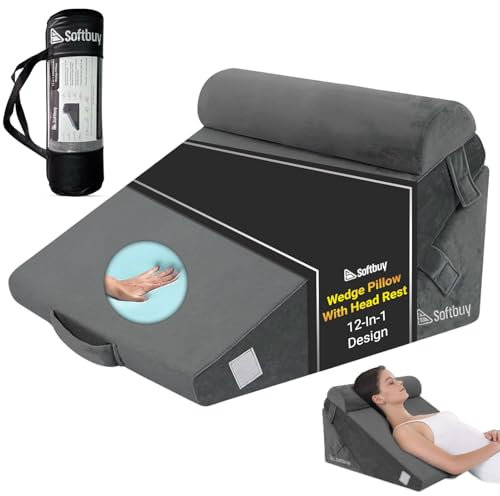 softbuy Orthopaedic 12 in 1 Bed Wedge Pillow with Head Rest – Convertible Gel Memory Foam Wedge Pillow for Bed Adult – Ideal for Reading, Sitting, Acid Reflux, Back, Leg Pain & GERD – Washable Cover