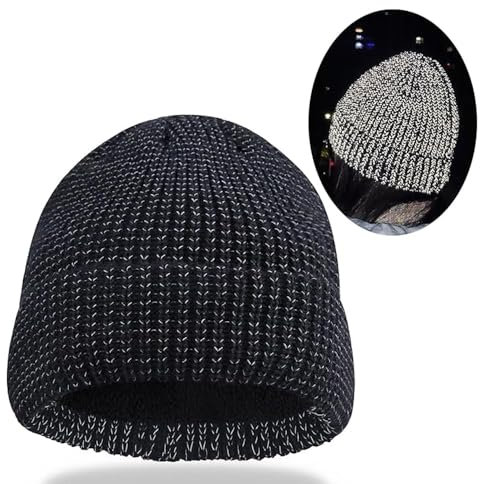 TTPSRY Dam Vintermössa Reflekterande Stickad Mössa Unisex Varm Vindtät Perfekt för Höst Vinter Utomhussport och Nattaktiviteter, Svart, one size