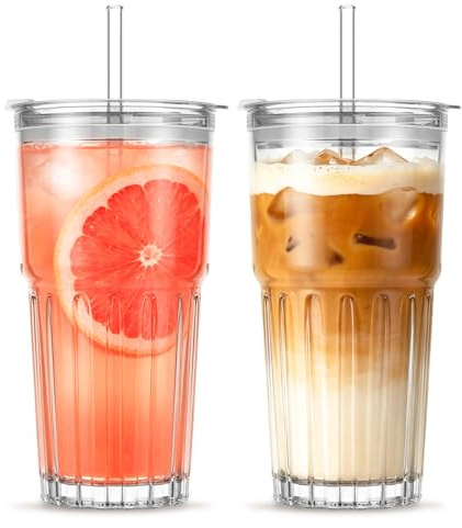 INSETLAN 20 oz genomskinliga glaskoppar och glas set med lock och sugrör – 2-pack, återanvändbara dryckeskoppar för iskaffe, smoothies, te, juice, läckagesäker, spillsäker, perfekt för hem- och