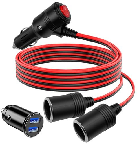 Dexumodbk 1M Cigarette Lighter Socket 12V Extension Lead with LED Switch and 15A Fuse 1 Male to 2 Female Car Lighter Splitter Adapter Cord 15AWG, 12V/24V Dual USB Car Charger Socket