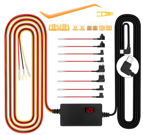 WODHMIEY Dashcam Hardwire Kit 12V-24V auf 5V 3A mit Spannungsanzeige, Einstellbare Spannung, 24H Parkmodus, Batterieentladungsschutz, Type-C, Verzögerungsstart & Stopp, Überstrom & Überspannungsschutz