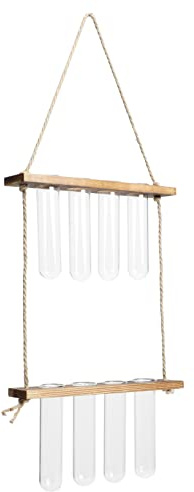 ROMISBABA Wandvasen Glas Hydroponische Hängepflanzgefäße Mit Holzständer Dekorative Reagenzglas Blumenvase Für Pflanzenableger Wohnzimmer Büro Hängeblumentopf Vintage Stil