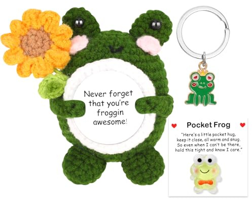 Grenouille Positive, Peluche Grenouille Tricotée avec Carte Motivante et Porte-clés, Cadeau Rigolo pour Famille, Homme, Femme, Collègue, Cadeau Anniversaire, Soutien Émotionnel et Décorations