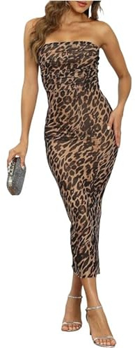 Sukiglam Vestido de Tubo Mujer Sexy Leopardo/Tie Dye Midi Vestidos sin Tirantes Elegante Vestido Largo Ajustado Verano sin Mangas Bodycon Wrap Vestidos Fruncido de Fiesta Cóctel Noche Clubwear