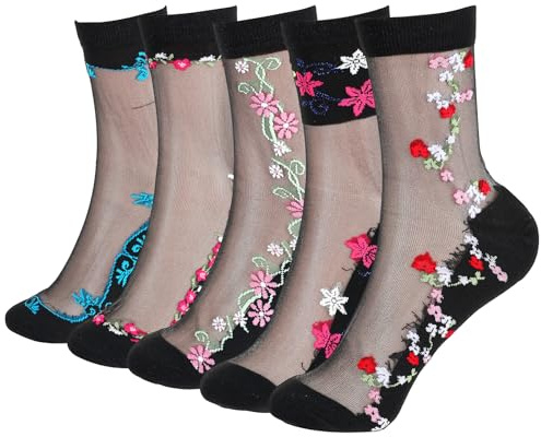 Neyauo 5 Pairs Sheer Black Socks Mesh Transparent Socks for Women Ultrathin Fishnet Floral See Through Sock Lace Ankle Sock Candy Womens Sheer Ruffle Summer Stockings