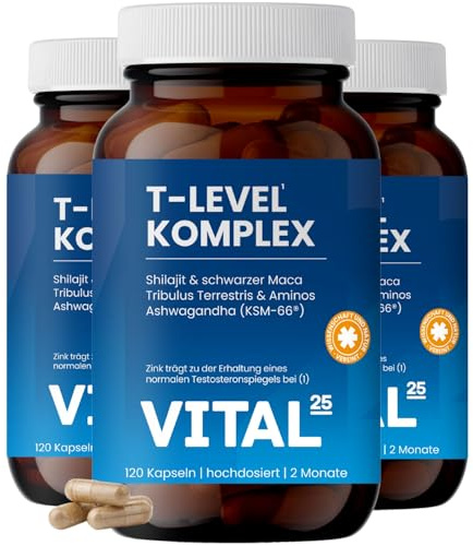 Vital25 T-Level Testosteron¹ Kapseln mit Shilajit, Ashwagandha KSM-66®, Maca schwarz, Bockshornklee, Tribulus, Cordyceps, Bor, Vitamin D, Aminos - 360 Kapseln für 6 Monate