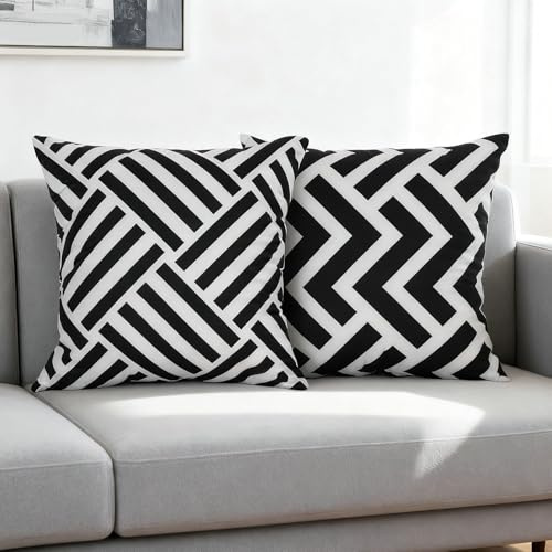 BCughia Kissenbezug 40 x 40 2er Set, Kurzplüsch Doppelseitig Geometrische Muster Dekokissen Quadratisch Sofakissen Outdoor Zierkissen Couchkissen, Schwarz und Weiß